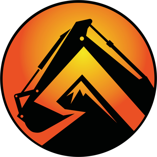 Ultra Excavating Ltd. logo, an excavator and mountain inside a sunrise circle