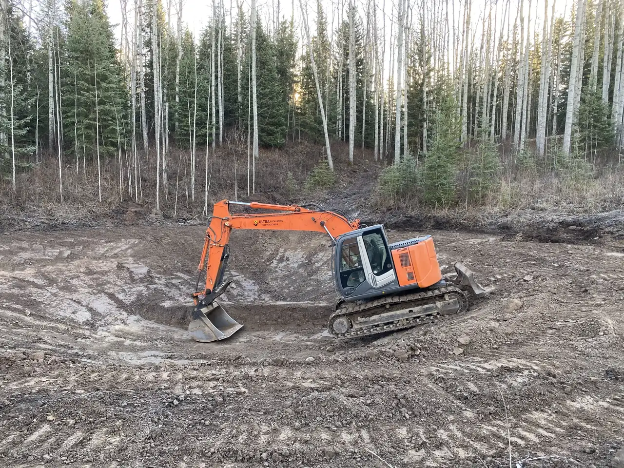 Ultra Excavating tracked excavator digging out a basin in a stand of birch and spruce