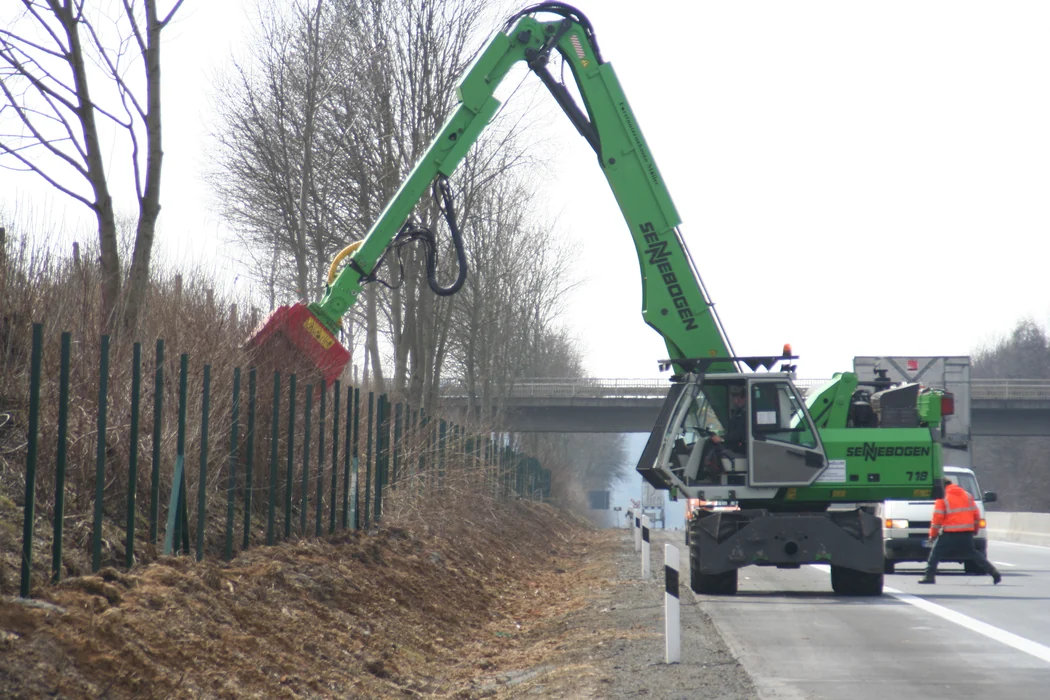 Excavator mounted mulching head clearing overgrown brush and laying down mulch